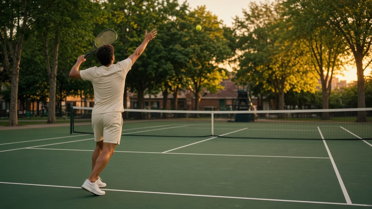 A player serving on a public tennis court in warm evening light